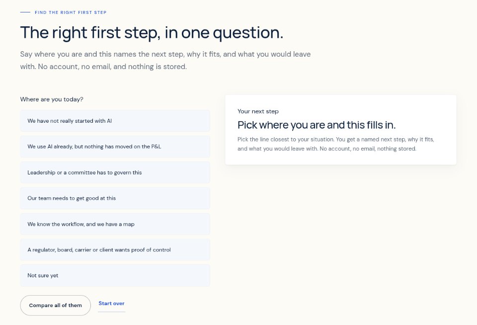 The first-step finder on the consultations page: seven situations to choose from, and the panel beside them that names the next step once one is picked