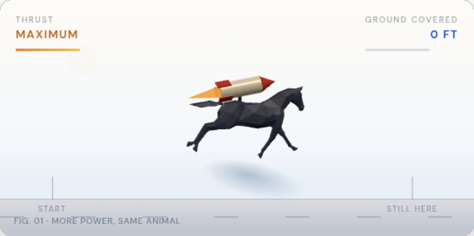 A low-poly horse galloping with a rocket strapped to its back, thrust at maximum and no ground covered, over the caption more power, same animal
