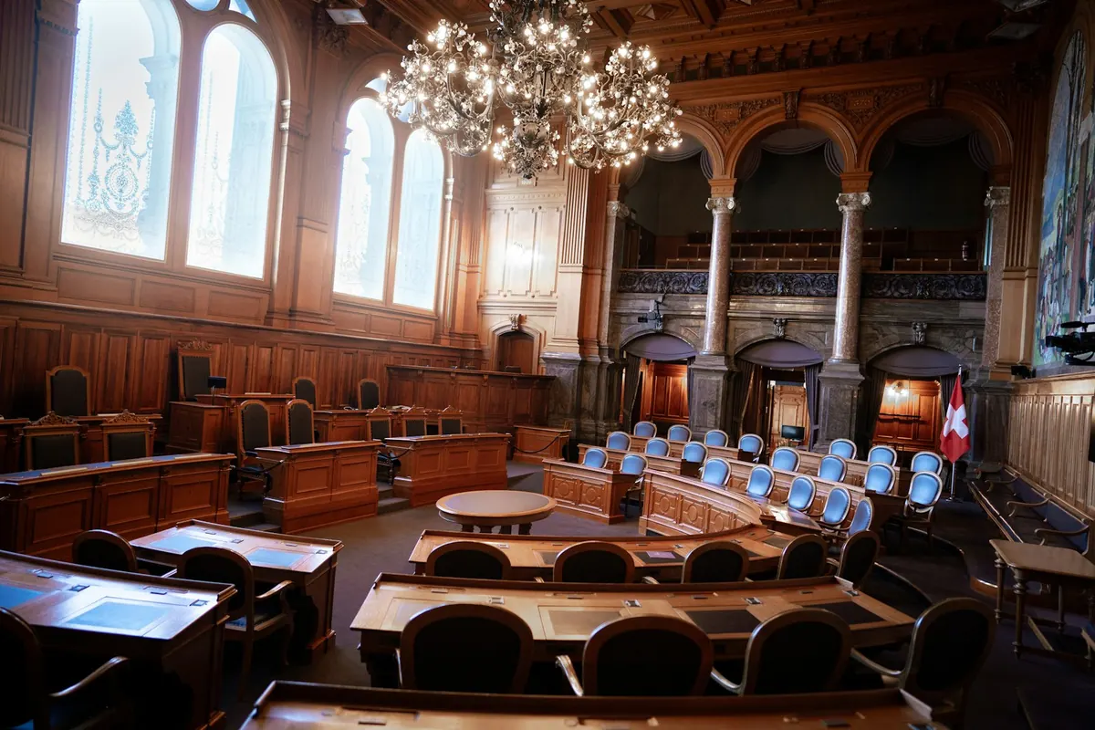 An empty, ornate council chamber