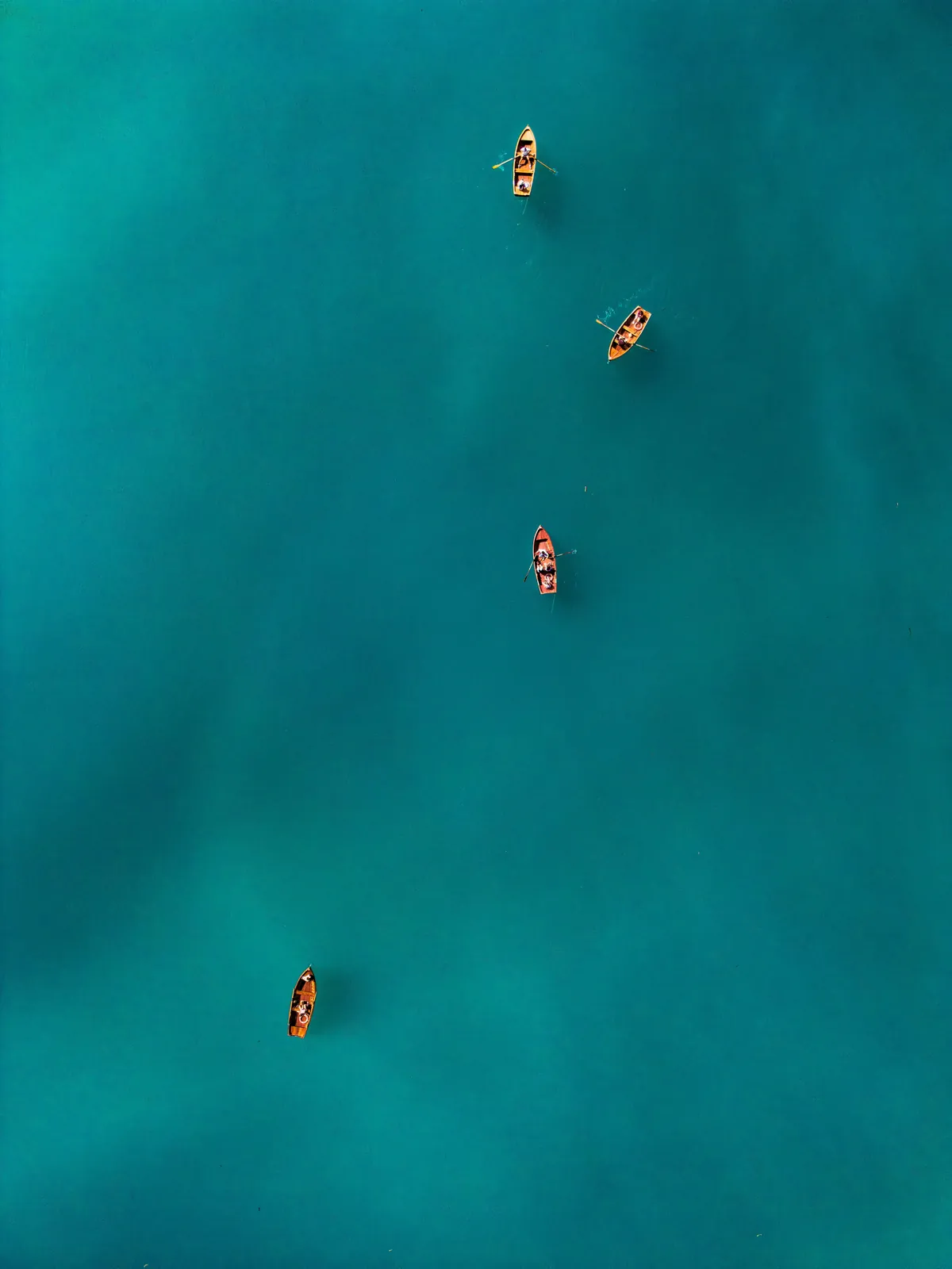 Four small rowboats seen from above on open teal water