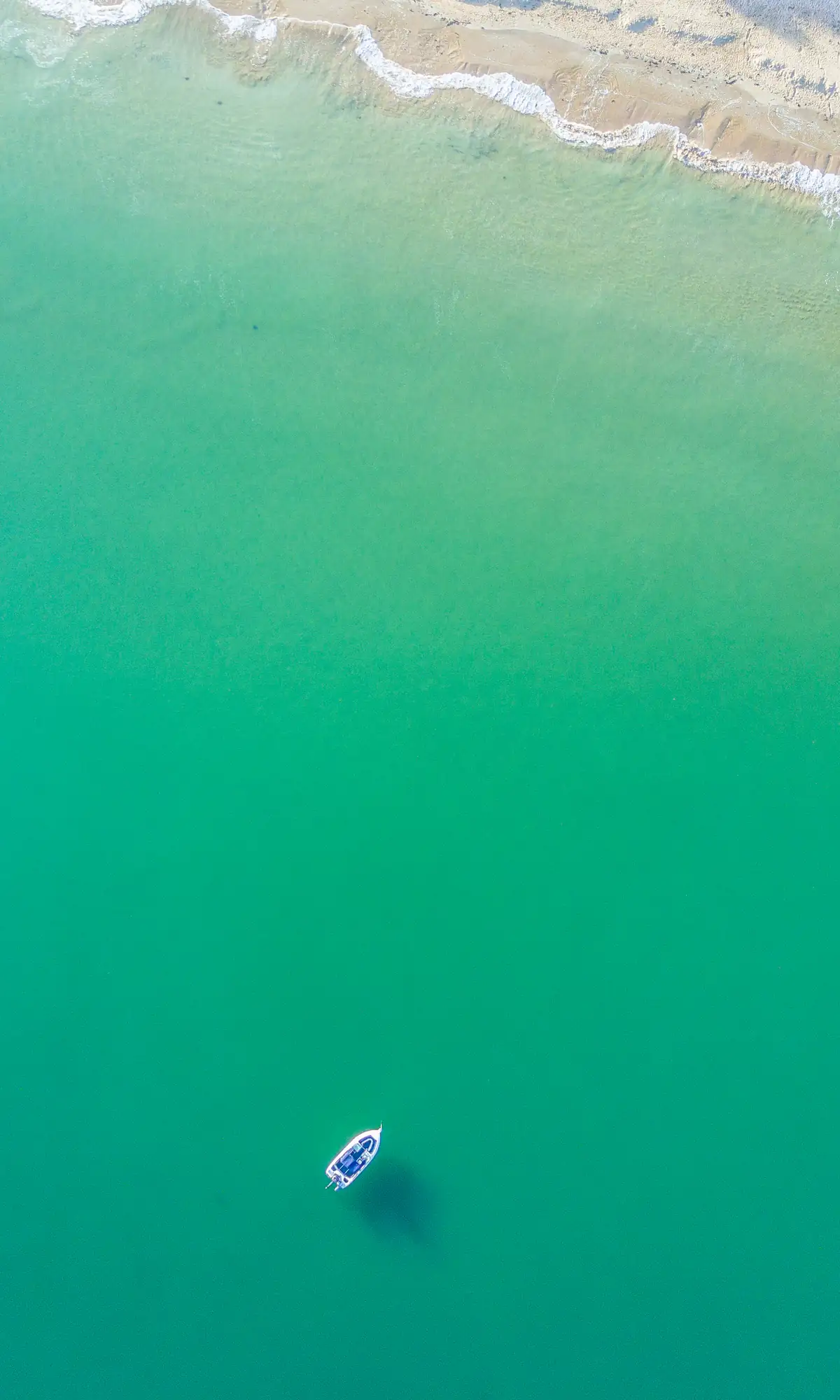 A single small white boat on bright open water near a shoreline, seen from above