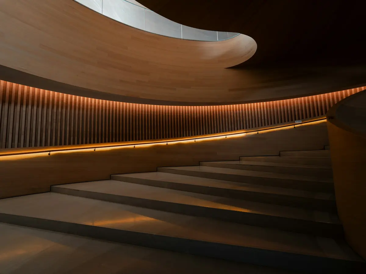 A wide curved staircase lit warmly from beneath its treads